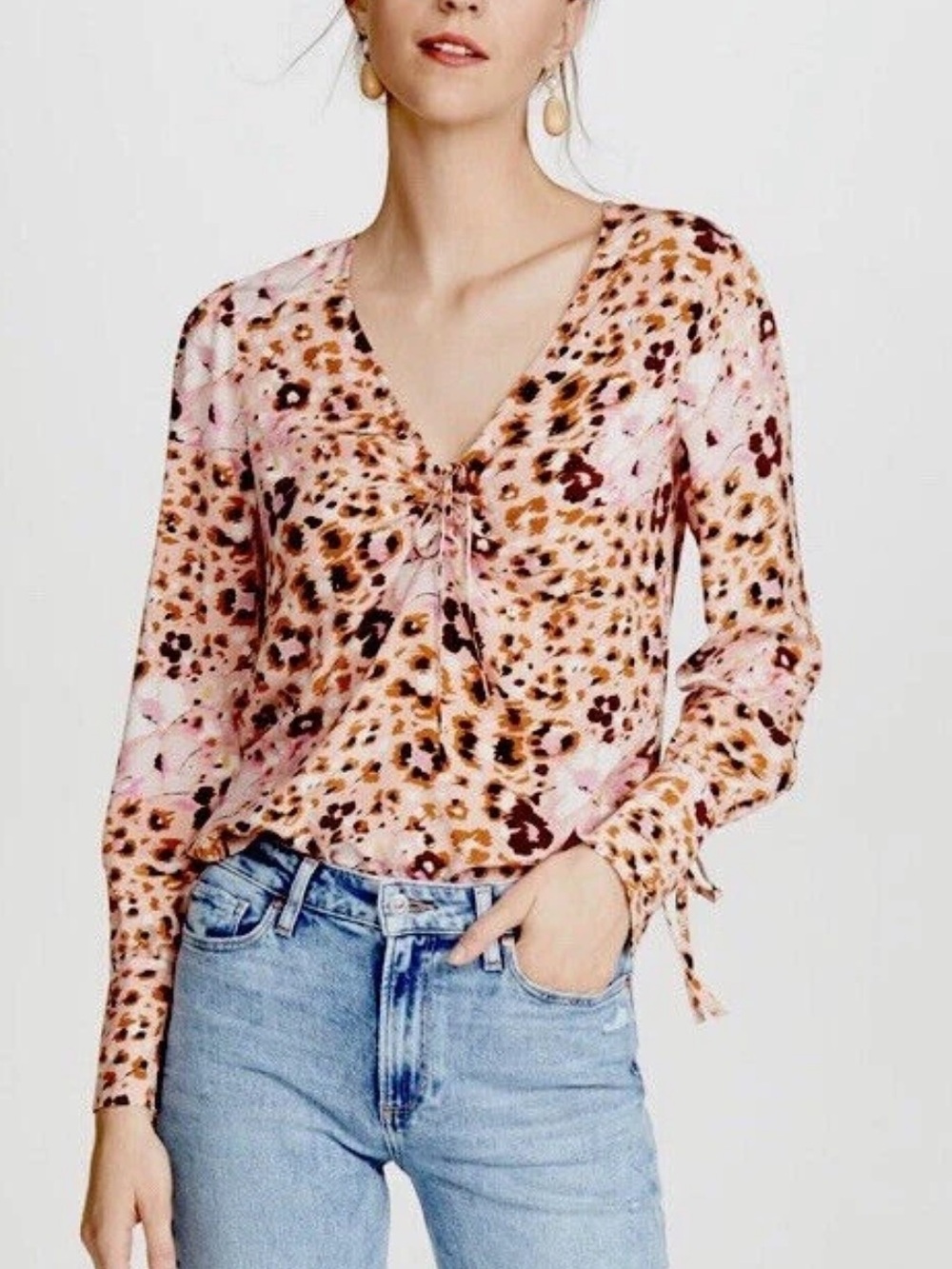 PAIGE Giuliana Blouse Floral Leopard Print Silk Long Sleeve Tie Front Top XS
